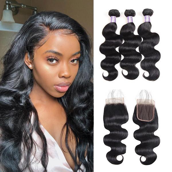 Brazilian Body Wave 3 Bundles with 4x4 Lace Closure Human Hair