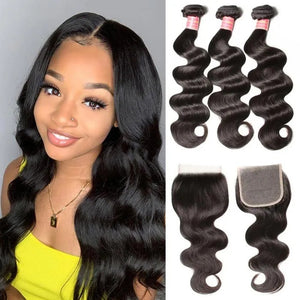 Brazilian Body Wave 3 Bundles with 4x4 Lace Closure Human Hair