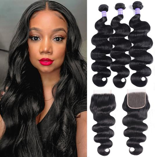 Brazilian Body Wave 3 Bundles with 4x4 Lace Closure Human Hair