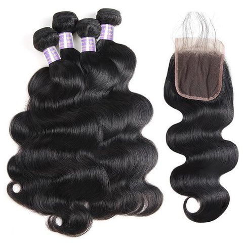 Brazilian Body Wave 4 Bundles with 4x4 Lace Closure Virgin Human Hair