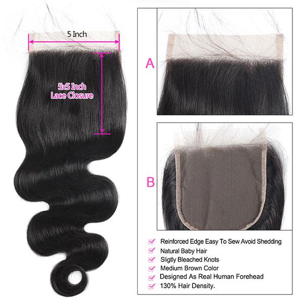 Brazilian Body Wave Virgin Hair 3 Bundles with 5x5 Lace Closure