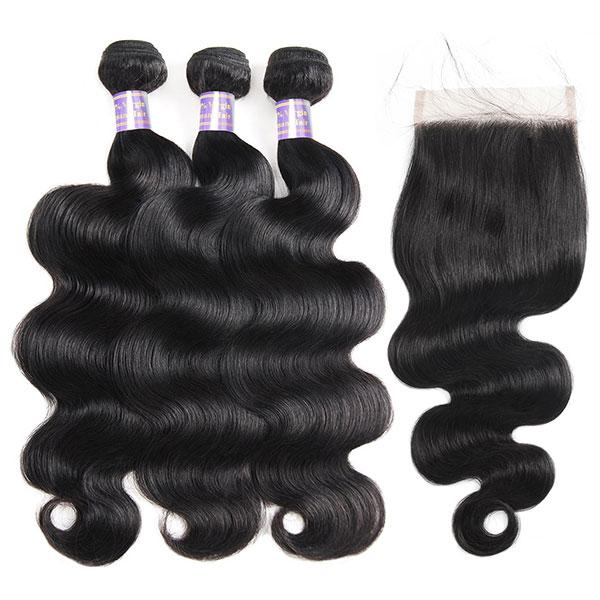 Brazilian Body Wave Virgin Hair 3 Bundles with 5x5 Lace Closure