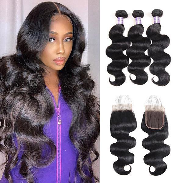 Brazilian Body Wave Virgin Hair 3 Bundles with 5x5 Lace Closure