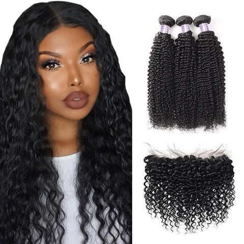 Brazilian Curly Wave 3 Bundles with 13x4 Lace Frontal Closure Human Hair