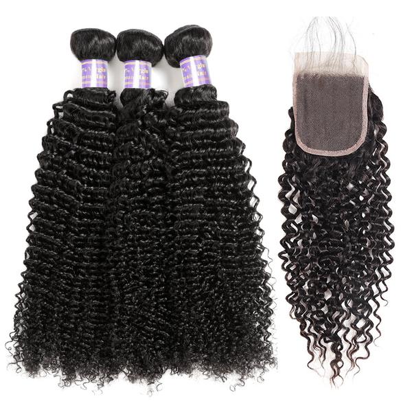 Brazilian Curly Wave 3 Bundles with 4x4 Lace Closure Virgin Hair