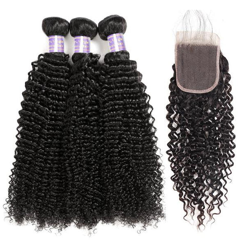 Brazilian Curly Wave 3 Bundles with 4x4 Lace Closure Virgin Hair