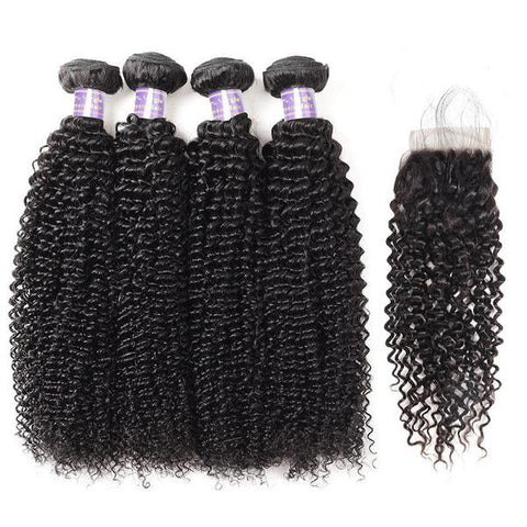 Brazilian Curly Wave 4 Bundles with 4x4 Lace Closure Virgin Hair