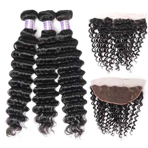 Brazilian Deep Wave 3 Bundles with 13x4 Lace Frontal Virgin Human Hair