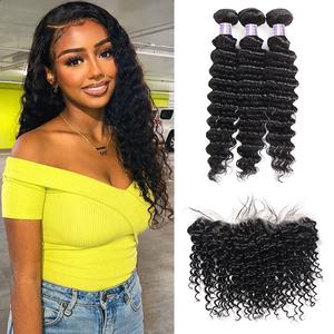 Brazilian Deep Wave 3 Bundles with 13x4 Lace Frontal Virgin Human Hair