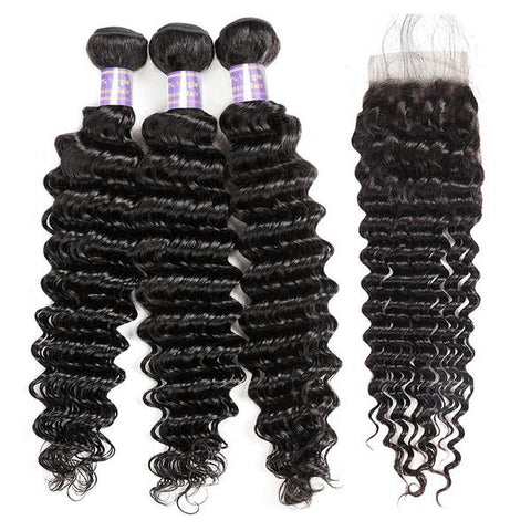 Brazilian Deep Wave 3 Bundles with 4x4 Lace Closure Virgin Human Hair