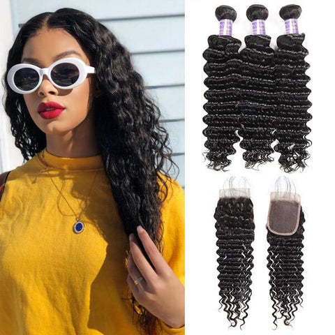 Brazilian Deep Wave 3 Bundles with 5x5 Lace Closure Virgin Human Hair