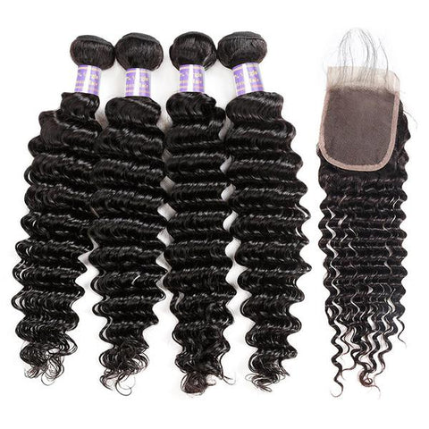 Brazilian Deep Wave 4 Bundles With 4x4 Lace Closure Virgin Human Hair