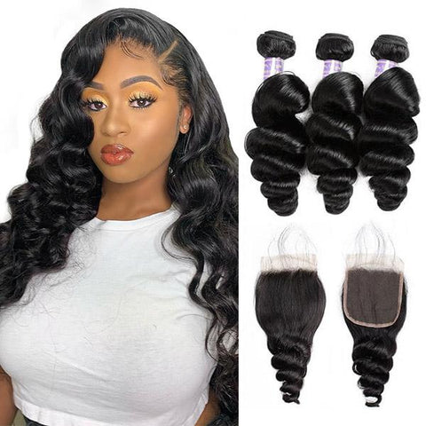 Brazilian Loose Wave Virgin Human Hair 3 Bundles With 4x4 Lace Closure