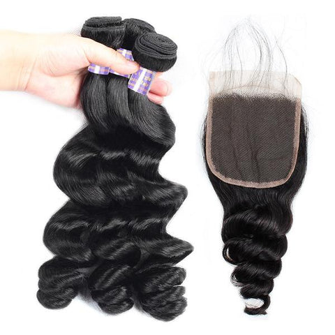 Brazilian Loose Wave Virgin Human Hair 3 Bundles With 5x5 Lace Closure