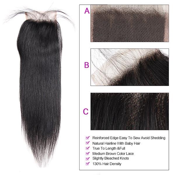 Brazilian Straight Virgin Hair 3 Bundles with 4*4 Lace Closure