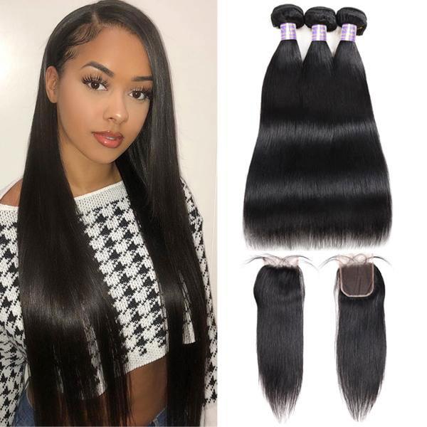 Brazilian Straight Virgin Hair 3 Bundles with 4*4 Lace Closure