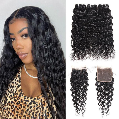 Brazilian Water Wave 3 Bundles With 4x4 Lace Closure Virgin Human Hair