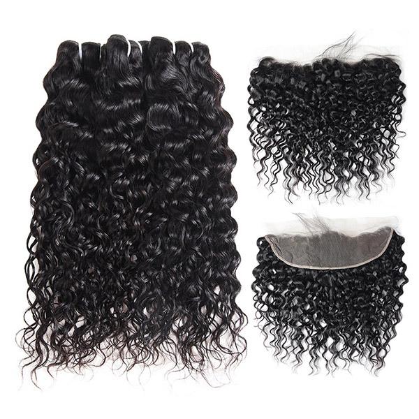 Brazilian Water Wave 3 Bundles with 13x4 Lace Frontal Virgin Human Hair