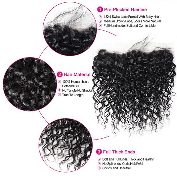 Brazilian Water Wave 3 Bundles with 13x4 Lace Frontal Virgin Human Hair