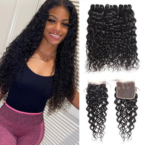 Brazilian Water Wave 3 Bundles with 5x5 Lace Closure Virgin Human Hair