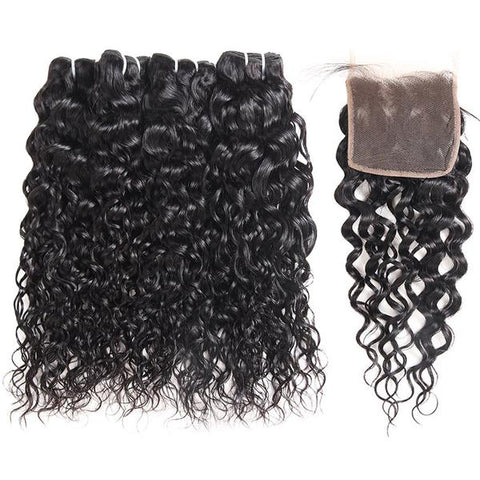 Brazilian Water Wave 4 Bundles with 4x4 Lace Closure Virgin Human Hair