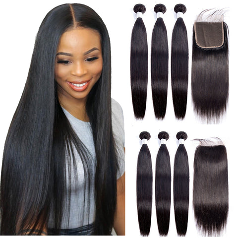 Brazilian Straight Virgin Hair 3 Bundles with 4*4 Lace Closure